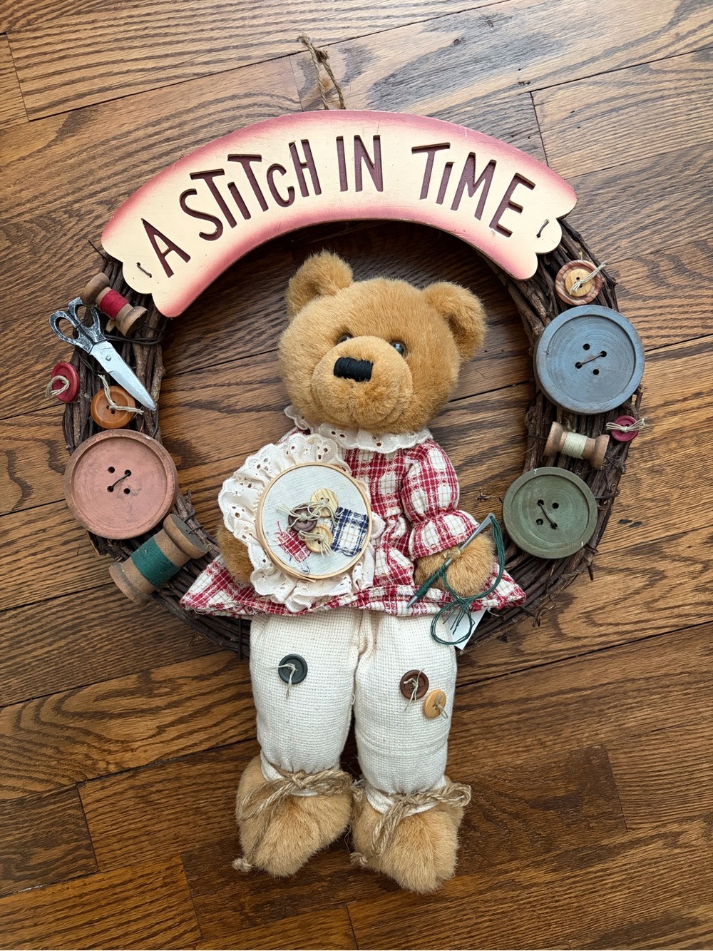 Vintage Grapevine Wreath Teddy Bear A Stitch In Time Wooden Buttons Thread